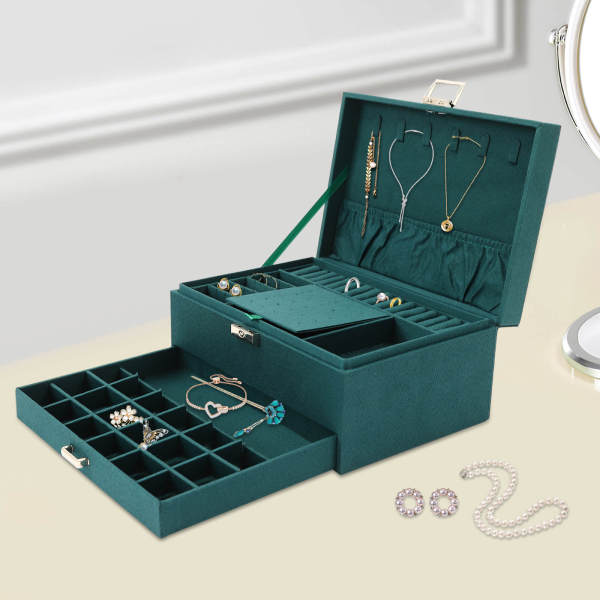 3-Layer Drawer Jewelry Box, Dark Green Suede,  Storage Box, Jewelry Organizer, for Rings Earrings Necklaces, 24*17*11cm