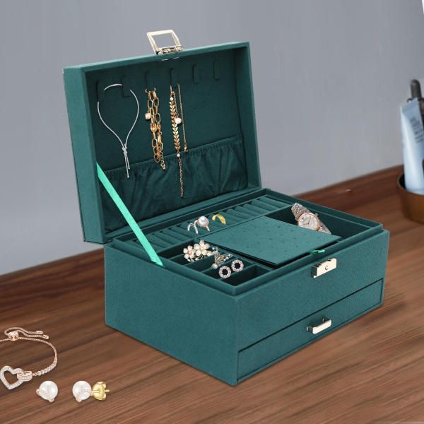 3-Layer Drawer Jewelry Box, Dark Green Suede,  Storage Box, Jewelry Organizer, for Rings Earrings Necklaces, 24*17*11cm