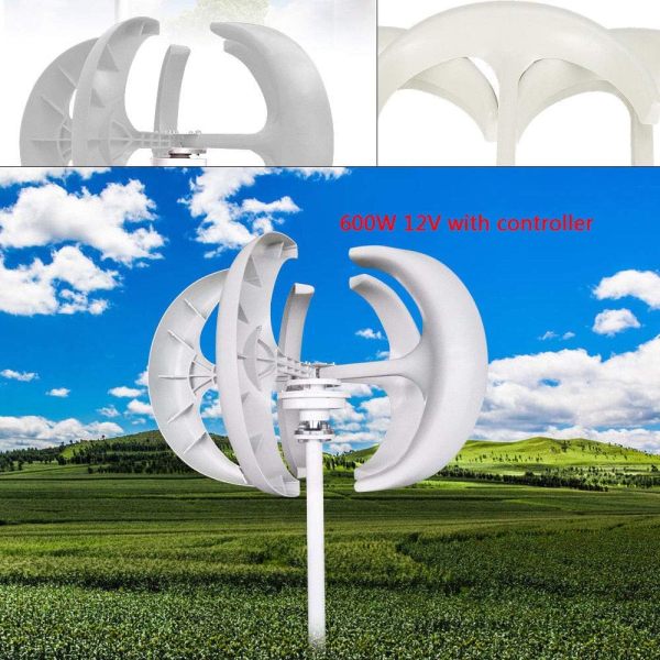 600W 12V Wind Turbine Generator Lantern Vertical Wind Generator 5 Blades White