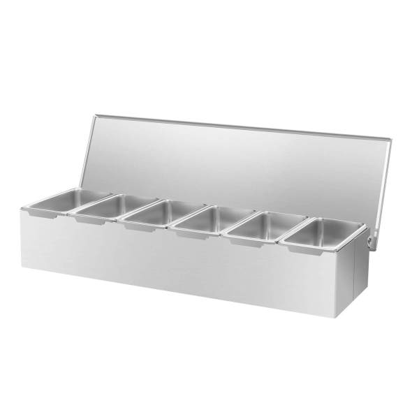Silver 6-Compartment Stainless Steel Condiment Dispenser, Spice Box, Food Organizer - Dishwasher Safe