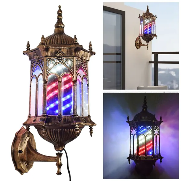Retro Barber Pole Light Shop Sign Red & Blue & White Wall Lamp Shop Pole Rotating Sign Salon Wall Light
