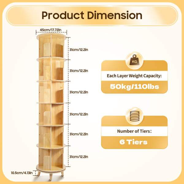6 Tier Rotating Wooden Bookshelf 360 Degrees, Bookcase with Open Storage Shelves