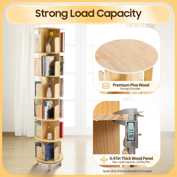 6 Tier Rotating Wooden Bookshelf 360 Degrees, Bookcase with Open Storage Shelves