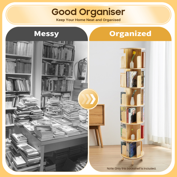 6 Tier Rotating Wooden Bookshelf 360 Degrees, Bookcase with Open Storage Shelves