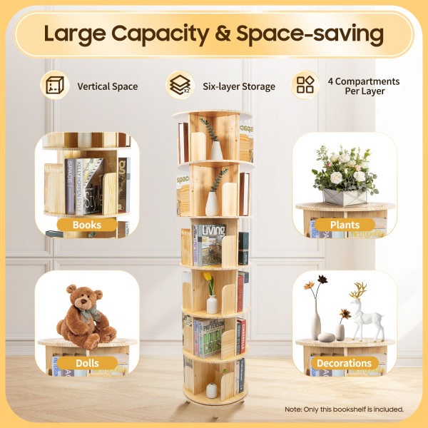 6 Tier Rotating Wooden Bookshelf 360 Degrees, Bookcase with Open Storage Shelves