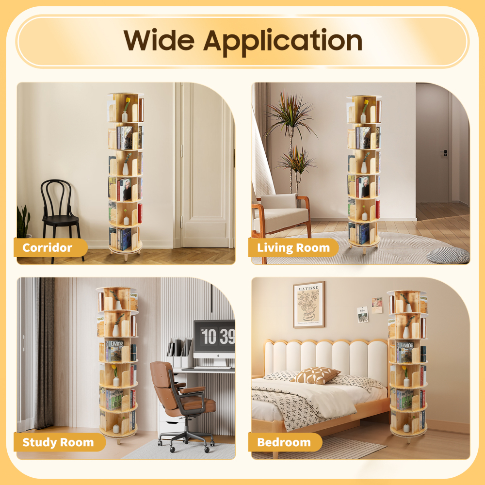 6 Tier Rotating Wooden Bookshelf 360 Degrees, Bookcase with Open ...