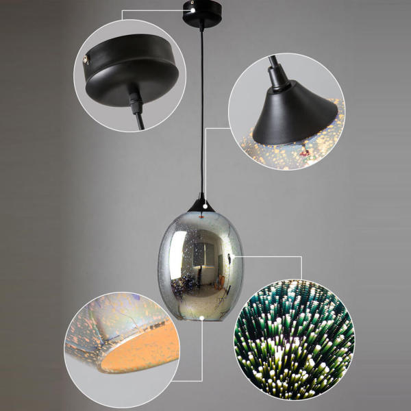 220V 3D Glass Pendant Light, Modern Hanging Ceiling Lamp - Adjustable Height, E27 Base, Silver Mirrored Shade