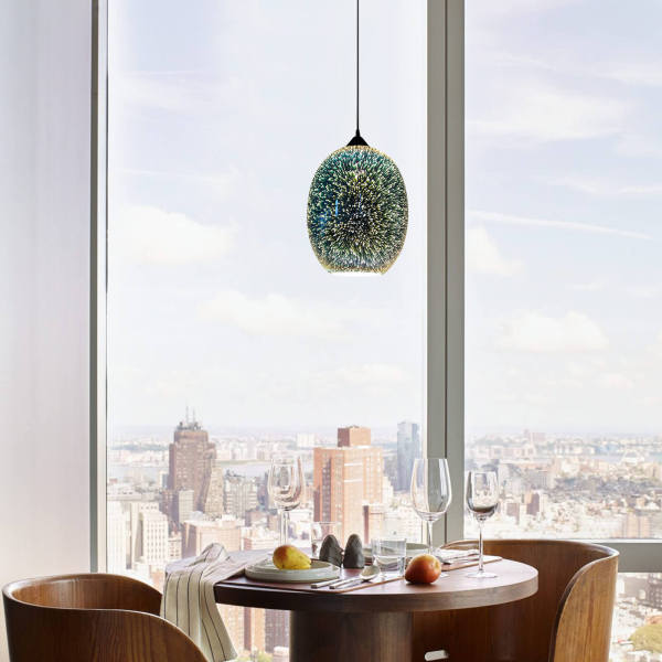 220V 3D Glass Pendant Light, Modern Hanging Ceiling Lamp - Adjustable Height, E27 Base, Silver Mirrored Shade