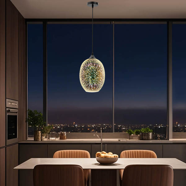 220V 3D Glass Pendant Light, Modern Hanging Ceiling Lamp - Adjustable Height, E27 Base, Silver Mirrored Shade