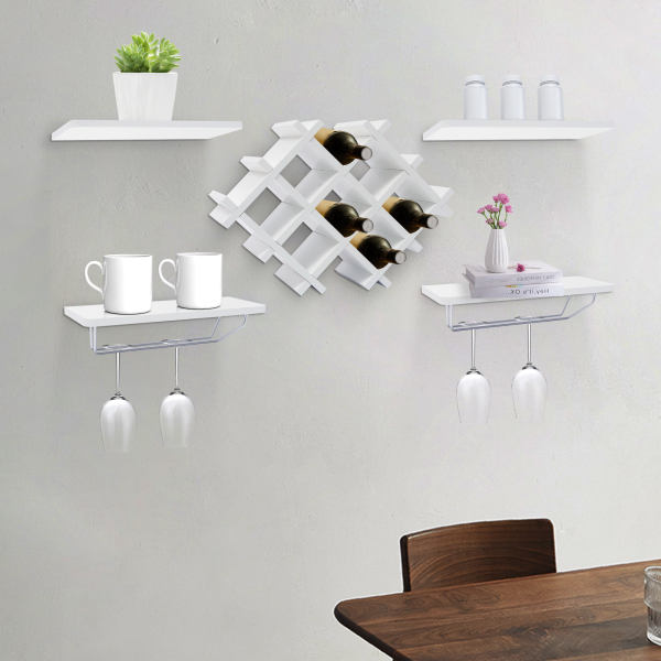 CNCEST Wood Wall Mounted Wine Rack Wall Mounted Bottle Glass Holder Shelves, Rustic Wine Bottle Shelf Storage, White/Black (White)