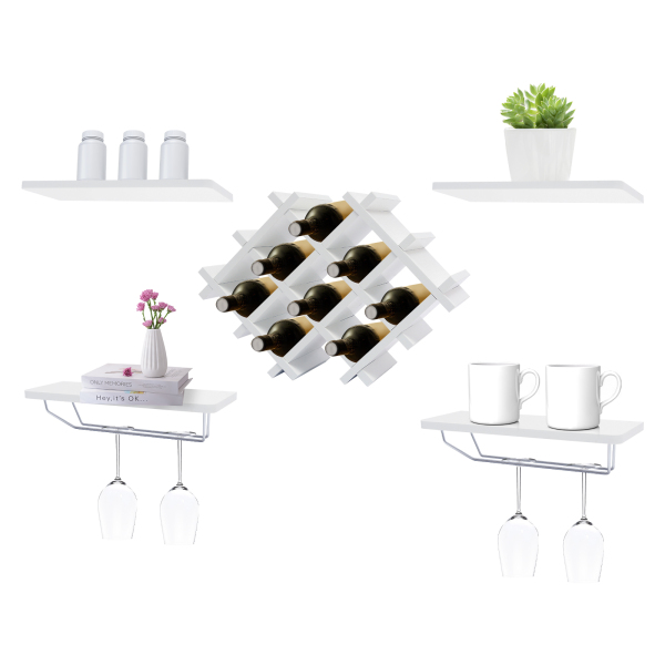 CNCEST Wood Wall Mounted Wine Rack Wall Mounted Bottle Glass Holder Shelves, Rustic Wine Bottle Shelf Storage, White/Black (White)