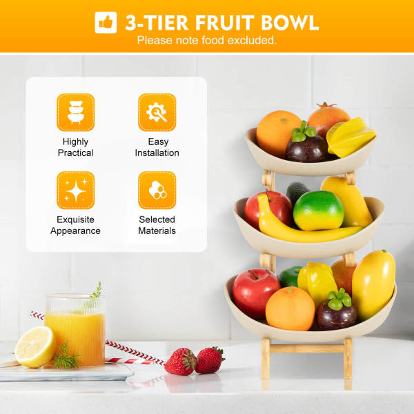 Earthy Color 3-Tier Ceramic Fruit Bowl with Bamboo Frame, Snack Organizer, Home Decor - Dishwasher Safe