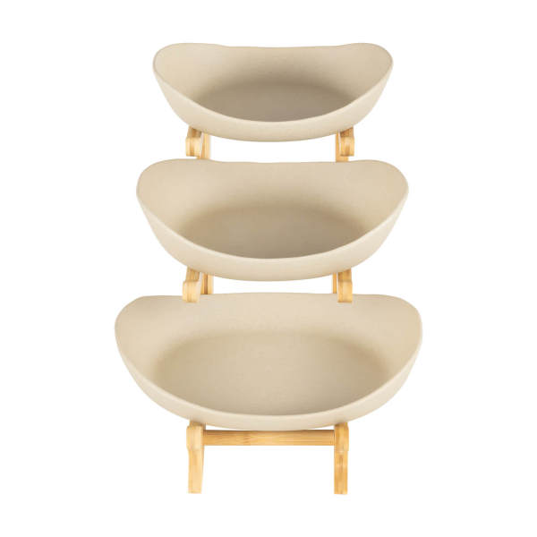 Earthy Color 3-Tier Ceramic Fruit Bowl with Bamboo Frame, Snack Organizer, Home Decor - Dishwasher Safe