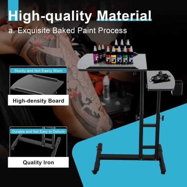 Black Tattoo Workbench Stand, Tattoo Artist Table, Beauty Salon Desk - Adjustable Height, 27.56 lbs Load Capacity