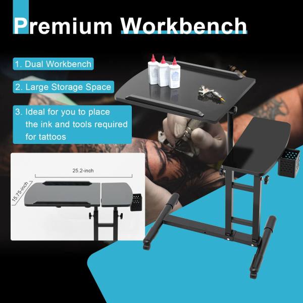 Black Tattoo Workbench Stand, Tattoo Artist Table, Beauty Salon Desk - Adjustable Height, 27.56 lbs Load Capacity