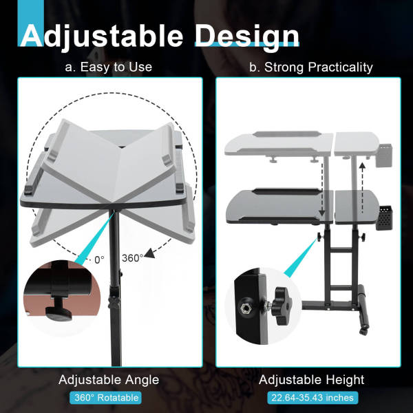 Black Tattoo Workbench Stand, Tattoo Artist Table, Beauty Salon Desk - Adjustable Height, 27.56 lbs Load Capacity