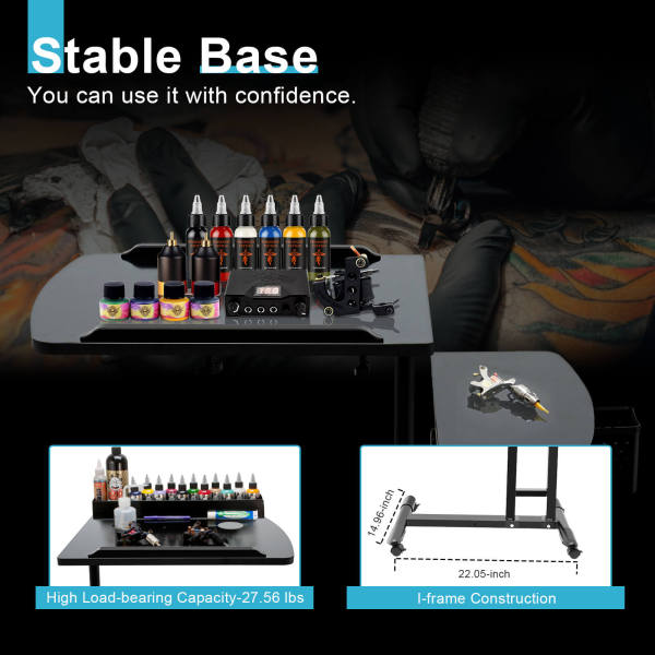 Black Tattoo Workbench Stand, Tattoo Artist Table, Beauty Salon Desk - Adjustable Height, 27.56 lbs Load Capacity