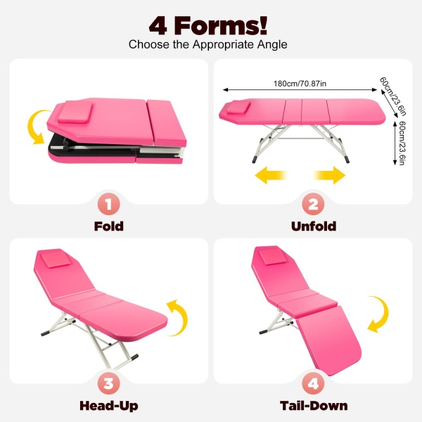 Foldable Massage Table Portable Bed Tattoo Bed Recliner Couch SPA Chair Beauty Salon PU Leather Pad (Pink)