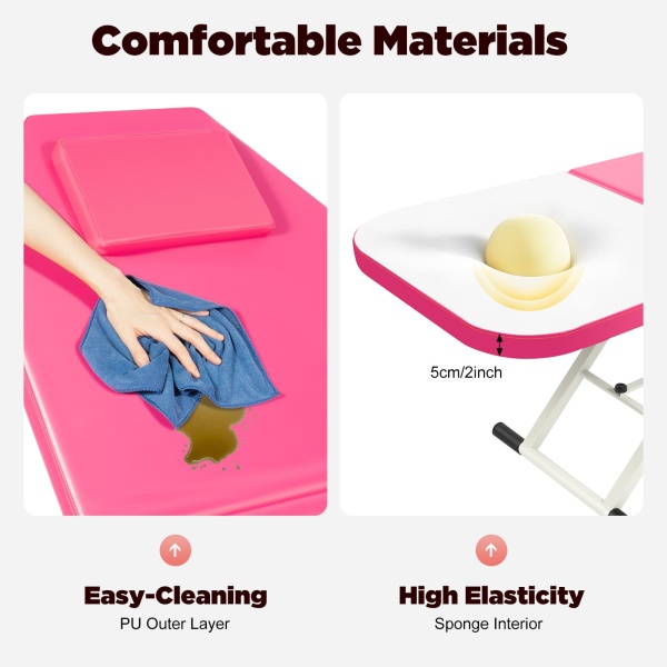 Foldable Massage Table Portable Bed Tattoo Bed Recliner Couch SPA Chair Beauty Salon PU Leather Pad (Pink)