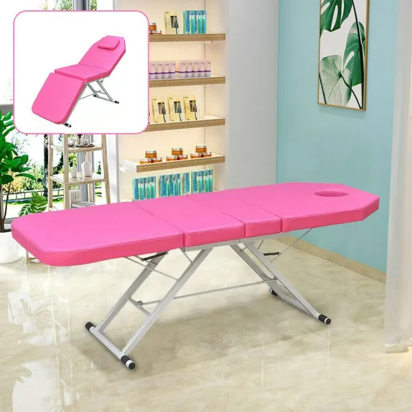 Foldable Massage Table Portable Bed Tattoo Bed Recliner Couch SPA Chair Beauty Salon PU Leather Pad (Pink)