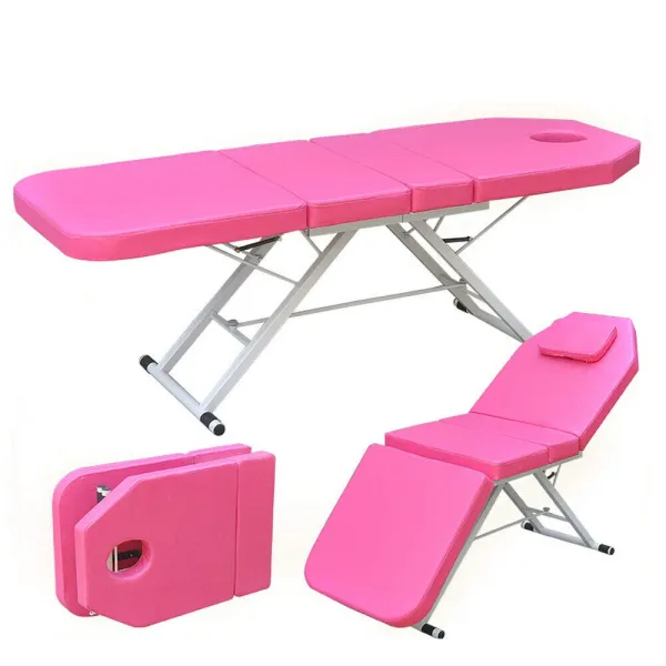 Foldable Massage Table Portable Bed Tattoo Bed Recliner Couch SPA Chair Beauty Salon PU Leather Pad (Pink)