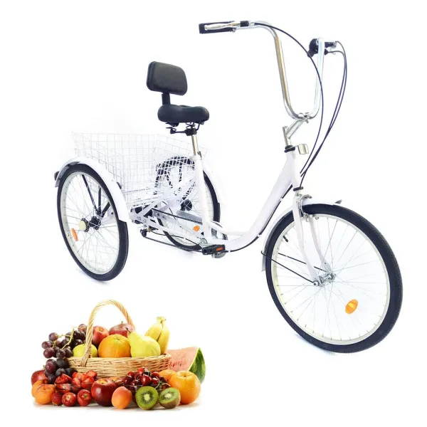 Adult Tricycle 24 Inch 6-speed Adjustable Height Adjustable 3 Wheel Bicycle Tricycle Pedal with Backrest Reflective Lights Bell (White)
