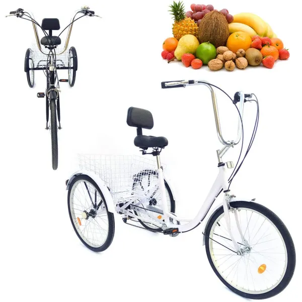 Adult Tricycle 24 Inch 6-speed Adjustable Height Adjustable 3 Wheel Bicycle Tricycle Pedal with Backrest Reflective Lights Bell (White)