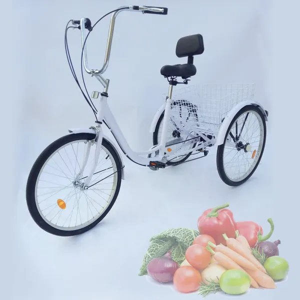 Adult Tricycle 24 Inch 6-speed Adjustable Height Adjustable 3 Wheel Bicycle Tricycle Pedal with Backrest Reflective Lights Bell (White)
