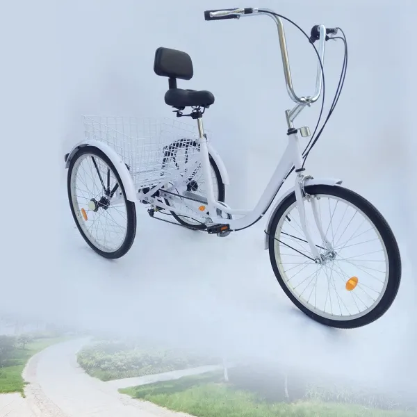 Adult Tricycle 24 Inch 6-speed Adjustable Height Adjustable 3 Wheel Bicycle Tricycle Pedal with Backrest Reflective Lights Bell (White)