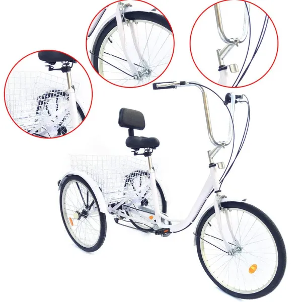 Adult Tricycle 24 Inch 6-speed Adjustable Height Adjustable 3 Wheel Bicycle Tricycle Pedal with Backrest Reflective Lights Bell (White)