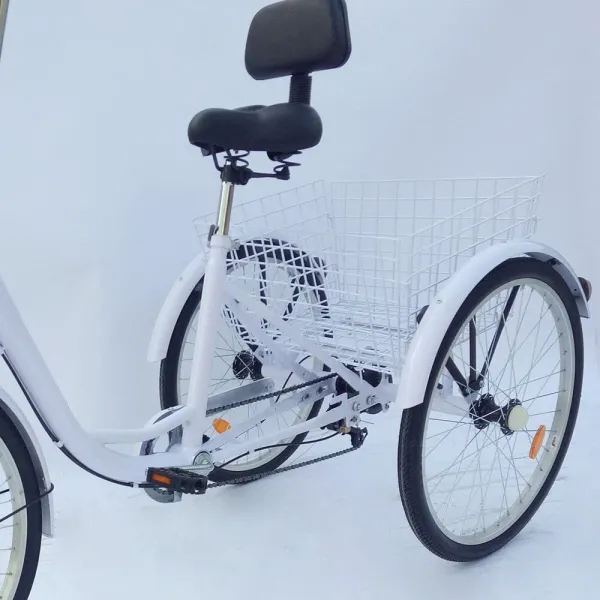 Adult Tricycle 24 Inch 6-speed Adjustable Height Adjustable 3 Wheel Bicycle Tricycle Pedal with Backrest Reflective Lights Bell (White)