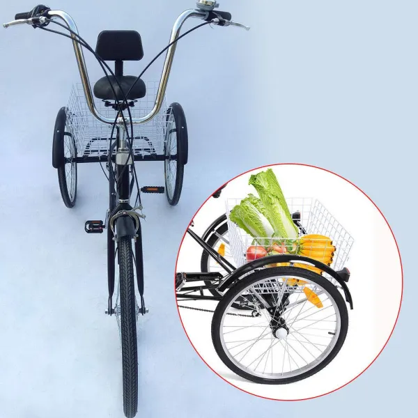 Adult Tricycle 24in 3 Wheel Bicycle Trike 6 Speed Adjustable Cushion Height with Fenders Anti-slip Handle Large Tires for Concrete Asphalt and Soil