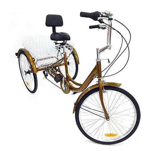 24 Inches Adult Tricycle 6-Speed Adjustable Trike with Backrest Shopping Basket Cruise Bike for Women Men