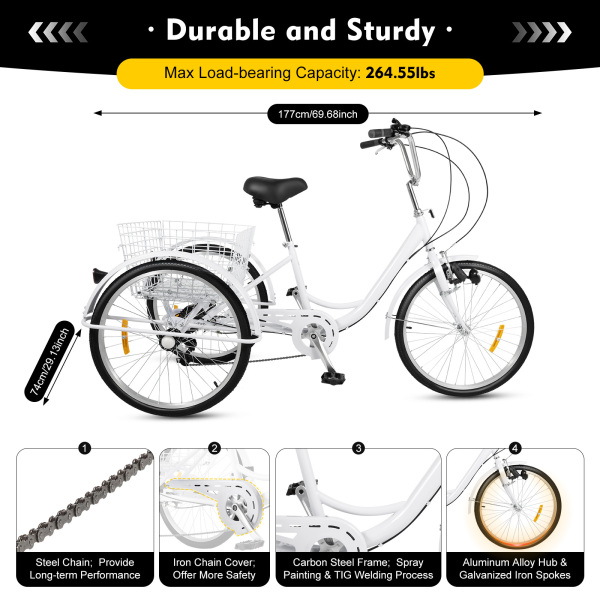 6 Speed 24" Adult Tricycle 3 Wheel Adult Cruise Bicycle Trike W/ Basket Lamp Set