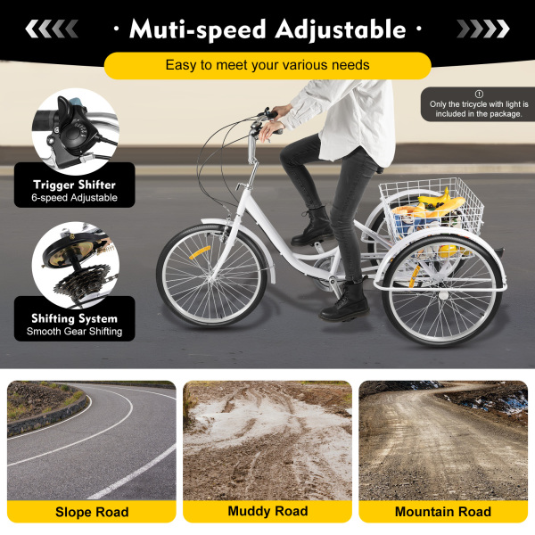 6 Speed 24" Adult Tricycle 3 Wheel Adult Cruise Bicycle Trike W/ Basket Lamp Set