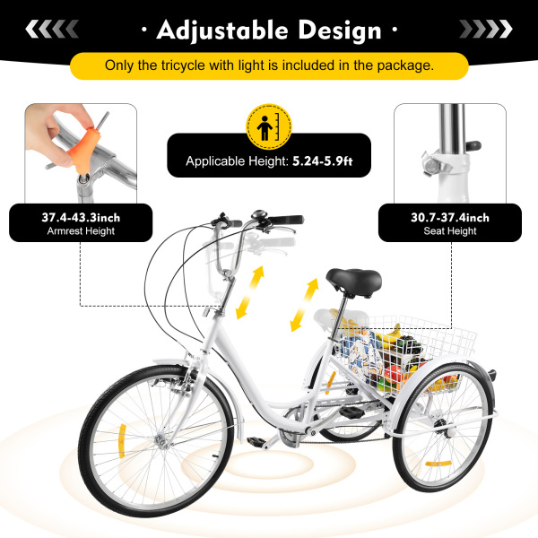 6 Speed 24" Adult Tricycle 3 Wheel Adult Cruise Bicycle Trike W/ Basket Lamp Set