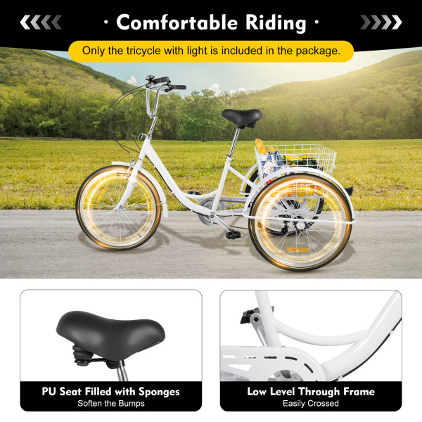 6 Speed 24" Adult Tricycle 3 Wheel Adult Cruise Bicycle Trike W/ Basket Lamp Set
