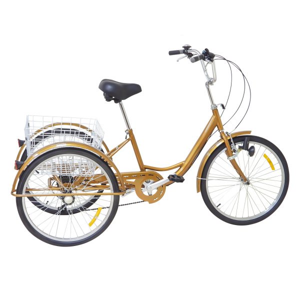 24 Inch Adult Tricycle with Basket 6 Speeds 3 Wheels Bike with Lamp Trike for Adults Seniors
