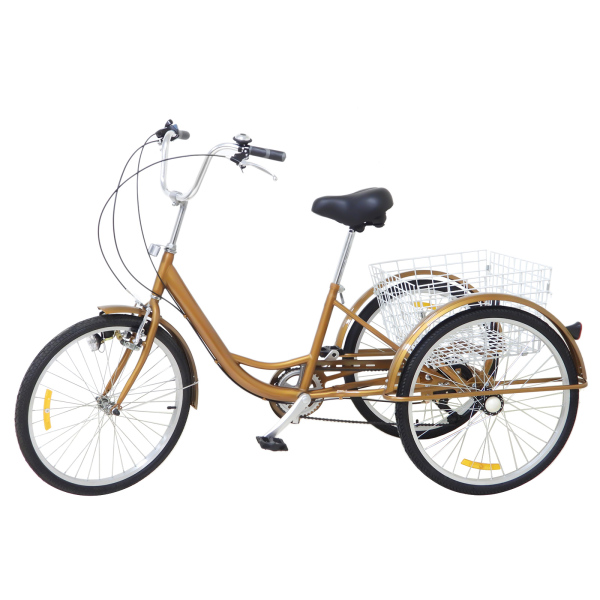 24 Inch Adult Tricycle with Basket 6 Speeds 3 Wheels Bike with Lamp Trike for Adults Seniors