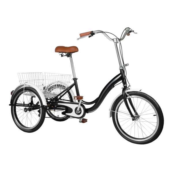 20‘’ 3 Wheel Bicycle Adult Tricycle Single Speed Bike with Basket Cargo Trike Cruiser Cycling Tricycle Anti-slip Pedals Non-slip Handle for Shopping