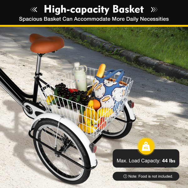 20‘’ 3 Wheel Bicycle Adult Tricycle Single Speed Bike with Basket Cargo Trike Cruiser Cycling Tricycle Anti-slip Pedals Non-slip Handle for Shopping
