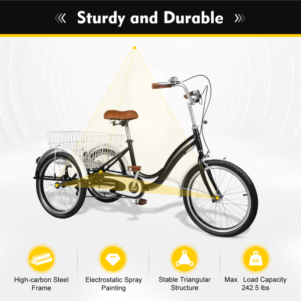 20‘’ 3 Wheel Bicycle Adult Tricycle Single Speed Bike with Basket Cargo Trike Cruiser Cycling Tricycle Anti-slip Pedals Non-slip Handle for Shopping