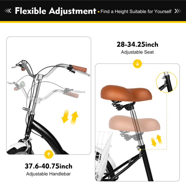 20‘’ 3 Wheel Bicycle Adult Tricycle Single Speed Bike with Basket Cargo Trike Cruiser Cycling Tricycle Anti-slip Pedals Non-slip Handle for Shopping