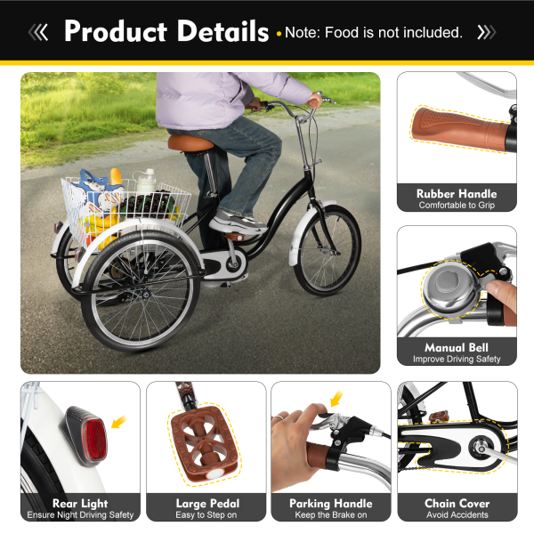 20‘’ 3 Wheel Bicycle Adult Tricycle Single Speed Bike with Basket Cargo Trike Cruiser Cycling Tricycle Anti-slip Pedals Non-slip Handle for Shopping