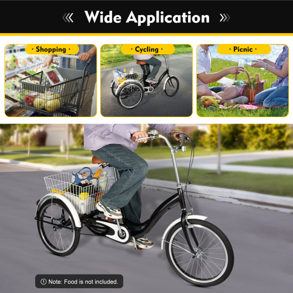 20‘’ 3 Wheel Bicycle Adult Tricycle Single Speed Bike with Basket Cargo Trike Cruiser Cycling Tricycle Anti-slip Pedals Non-slip Handle for Shopping