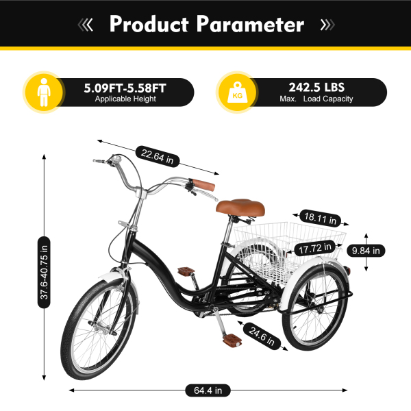 20‘’ 3 Wheel Bicycle Adult Tricycle Single Speed Bike with Basket Cargo Trike Cruiser Cycling Tricycle Anti-slip Pedals Non-slip Handle for Shopping