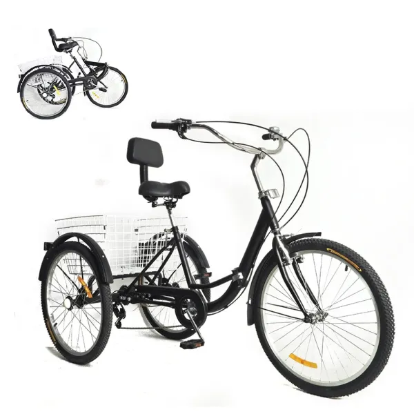 24in Adjustable Adult Tricycle 3-Wheel Bike 7 Speed Cruise Trike Bicycle w/Basket with Large Tires and Fenders for Entertainment Shopping