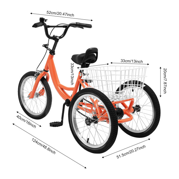 16'' Child Trike Tricycle Three-Wheel Kids Bike Bicycle W/ Back Basket Orange for 7-10 Years Old Boy Girl Gifts