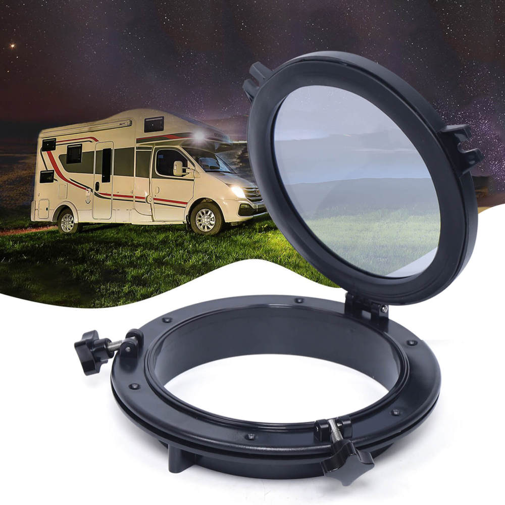 Amarine Made 8" Round Opening Portlight Porthole – ABS Frame With Tempered Glass, Black, For Boats & Yachts