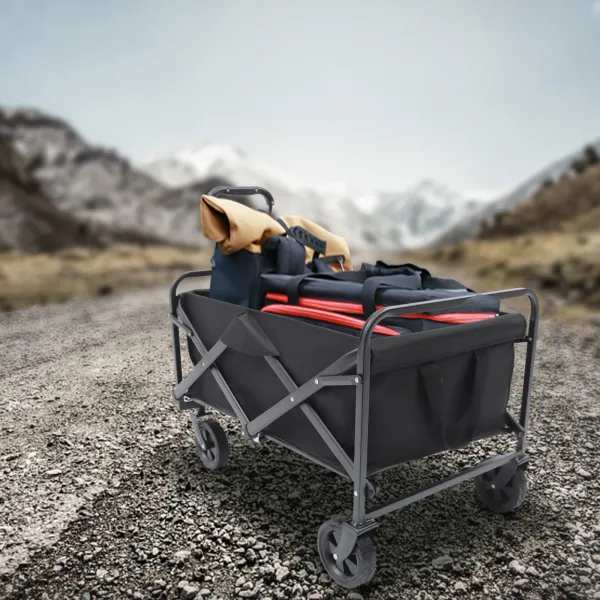 Folding Trolley Cart Outdoor Large Capacity Collapsible Wagon Cart, Portable Canvas Adjustable Handle Big Wheels